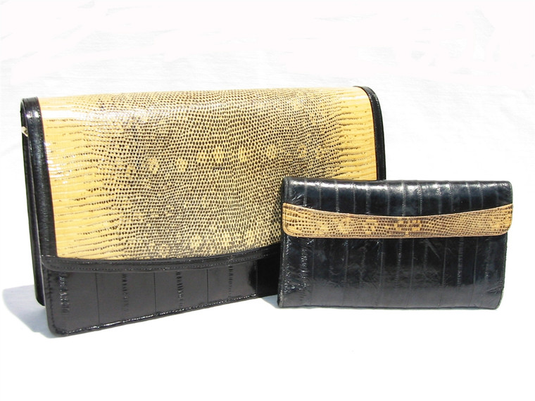 Unique 1980's MONITOR Lizard & EEL Skin CLUTCH Bag w/WALLET!