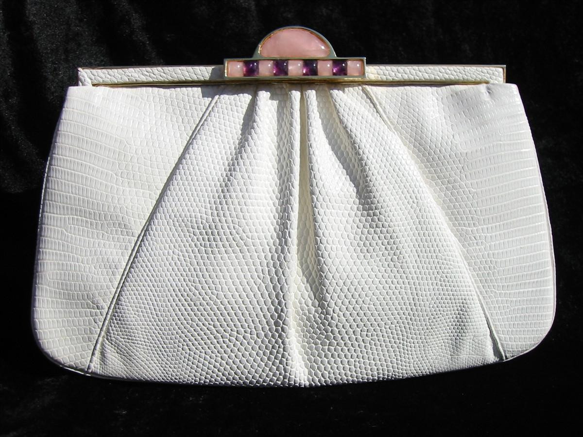 1980's-90's BONE Deco LIZARD Skin Clutch Bag - JUDITH LEIBER