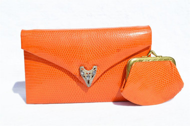 Orange JEWELED 1970's LIZARD Skin CLUTCH Shoulder Evening Bag - LA JEUNESSE