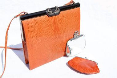 Orange JEWELED 1970's LIZARD Skin Shoulder Bag - LA JEUNESSE