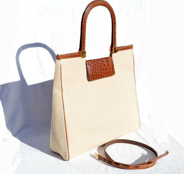 XXL 14 x 13 2000's ALLIGATOR Skin & Canvas LINEN Handbag SHOULDER Bag - LAMBERTSON TRUEX