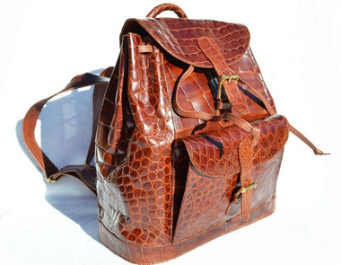 XXL 1980's-90's COGNAC Brown ALLIGATOR Skin Backpack SATCHEL -Maxima - Titti Del'Aqua - ITALY