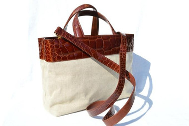 XL MAXIMA Cognac Alligator Belly Skin & Canvas Handbag Shoulder Bag Tote - Titti Del'Aqua - ITALY