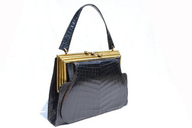 Unique Jet Black 1940's-50's Crocodile Handbag - Argentina