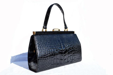 XL Classic 1950s-60's Jet Black SAKS FIFTH AVENUE Alligator Belly