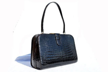 Jet Black 1950s-60's SAKS FIFTH AVENUE Crocodile Porosus Belly Skin Handbag Shoulder Bag