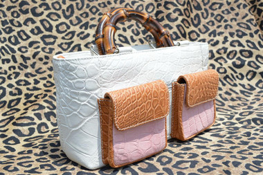 SUAREZ 1990's-2000's White, Pink & Tan Crocodile Skin Tote Bag Handbag