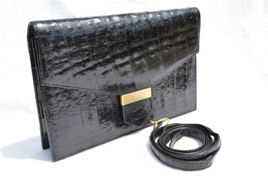 Classic 1990's MAXIMA for Saks Fifth Avenue HAND MADE Black CROCODILE Skin CLUTCH Shoulder Crossbody Bag