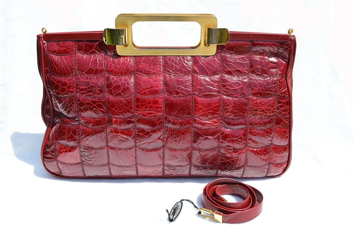 XXL 1990's Burgundy Red ZENITH Patchwork CROCODILE Skin TOTE Clutch Shoulder Bag