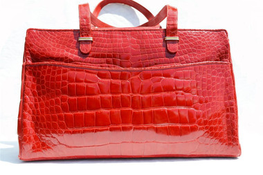 XXL JUDITH LEIBER 1990's RED Alligator Belly Skin TOTE Shoulder Bag