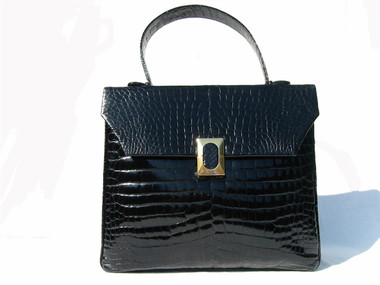 Black 1980's-90's CROCODILE Porosus Belly Skin Handbag - ALFRED ROTH