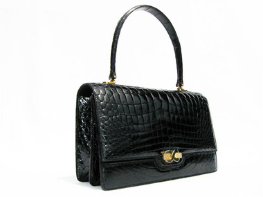 Stunning COBLENTZ 1960's JET BLACK CROCODILE Belly Skin Handbag