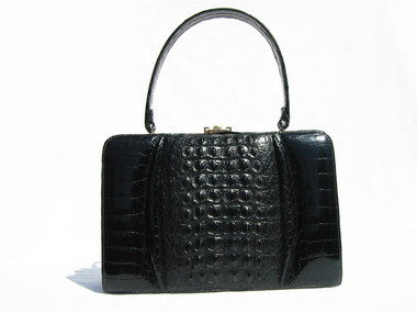 Fabulous JET BLACK 1950's-60's Hornback CROCODILE Handbag
