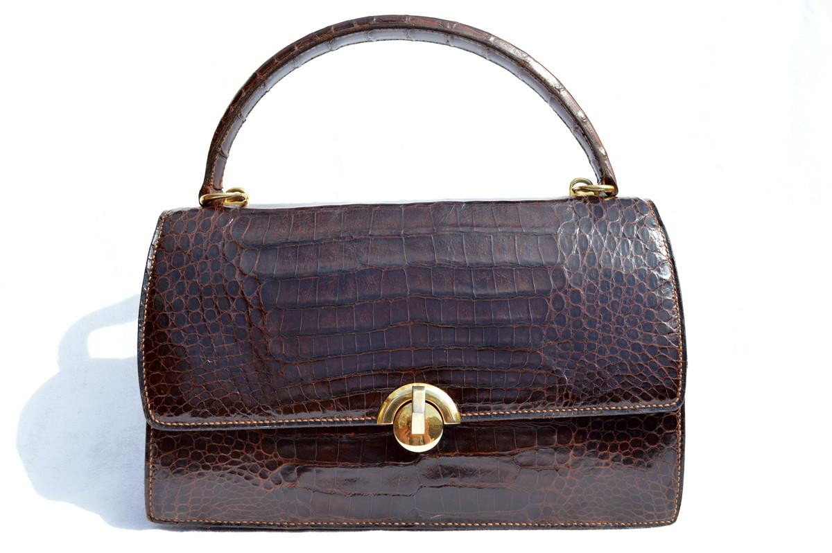 1950's-60's Chocolate Brown HERMES Style CROCODILE Caiman Belly Skin Handbag