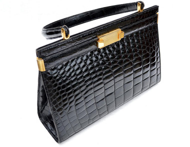 COBLENTZ 1950's-60's Jet Black ALLIGATOR Belly Skin Handbag - FRANCE