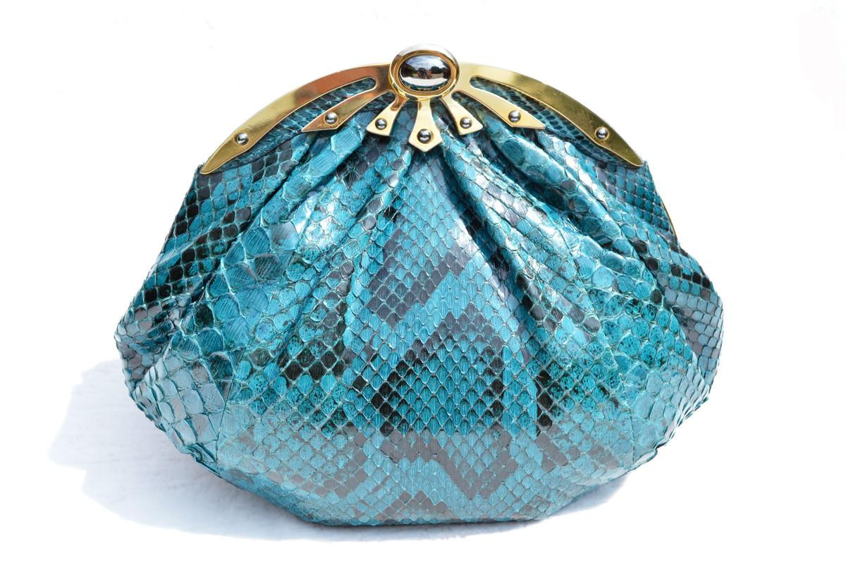 1980's-90's TEAL Blue PYTHON Snake Skin Clutch Shoulder Bag