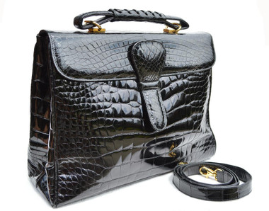 XL 1990's-2000's Jet Black ALLIGATOR Belly Skin Shoulder Bag SATCHEL -Maxima - Titti Del'Aqua - ITALY