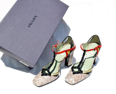 Early 2000's PRADA Whip Snake Skin & Lizard Jeweled T-Strap Heels
