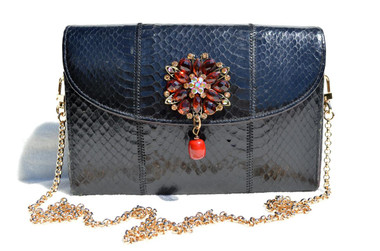 Jeweled Jet BLACK 1980's PALIZZIO Cobra SNAKE Skin Clutch Shoulder Cross Body Bag
