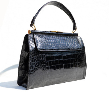 LUCILLE DE PARIS  XL 13" x 10" 1950's-60's Jet Black ALLIGATOR Belly Skin SHOULDER Bag SATCHEL