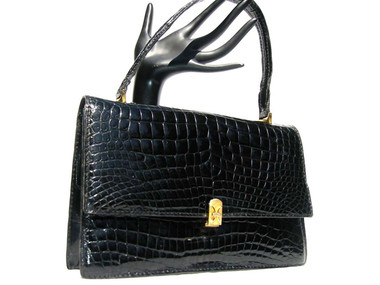 Unique COBLENTZ 1960's JET BLACK Alligator Belly Skin Handbag