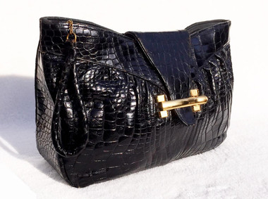 Jet BLACK 1940's DEITSCH Deco ALLIGATOR Skin Clutch Purse