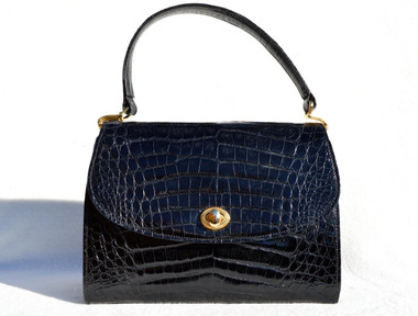 Jet Black 1960's SACHA Crocodile Skin Handbag - FRANCE