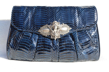 Embellished NAVY BLUE 1980's COBRA Snake Skin CLUTCH Bag - J RENEE