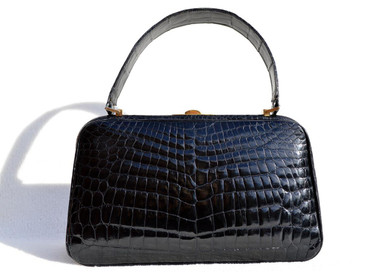 NOS Stunning COBLENTZ 1960's JET BLACK Crocodile POROSUS Belly Skin Handbag