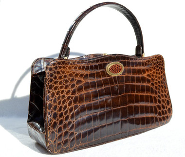 1950's-60's Chocolate Brown 13.5" CROCODILE Belly Skin Handbag - SAKS FIFTH AVENUE - FRANCE