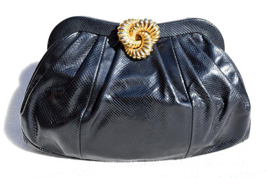 1970's-80's BLACK Susan Gail KARUNG Snake Skin CLUTCH Shoulder CROSS BODY Bag