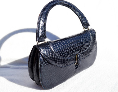 Rare NAVY BLUE 1950's ALLIGATOR Belly Skin Handbag - RENDL