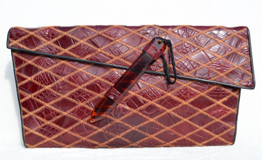 RARE XXL 17" BURGUNDY 1940's PATCHWORK Alligator Skin CLUTCH - DEITSCH