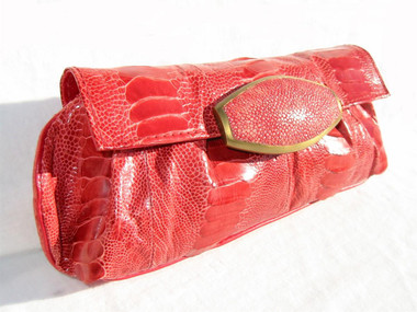 R & Y AUGOUSTI RED OSTRICH LEG & STINGRAY Skin CLUTCH