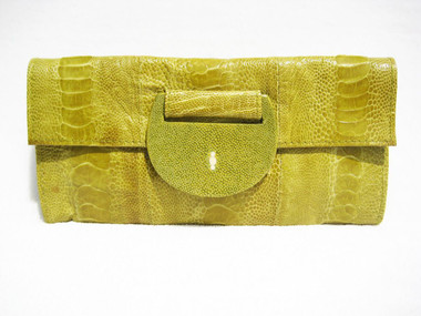 R & Y AUGOUSTI Lime GREEN OSTRICH LEG & STINGRAY Skin CLUTCH