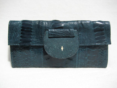 R & Y AUGOUSTI Teal BLUE OSTRICH LEG & STINGRAY Skin CLUTCH