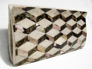 R & Y AUGOUSTI 1990's-2000's Cream STINGRAY Skin, Abalone & Brass CLUTCH