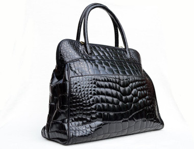 XXL 14" x 12" BALLY Jet Black Alligator Belly Skin Handbag Shoulder Bag TOTE