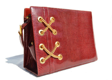 Cranberry RED 1950's-60's MARTIN VAN SCHAAK Lizard Skin Handbag SHOULDER Bag - CHAINS!