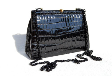 SAKS Fifth Avenue 1950's-60's Black CROCODILE Skin Clutch Cross Body Evening Bag