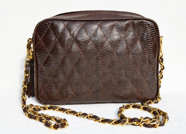 Chocolate BROWN Chanel-Style 1980's-90's Quilted LIZARD Skin Shoulder Bag - WALTER KATTEN