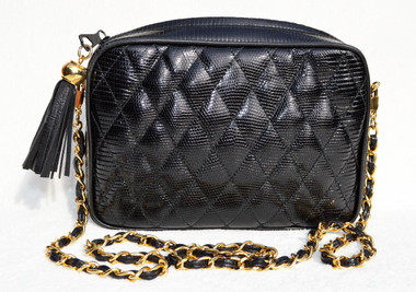 Jet BLACK Chanel-Style 1980's-90's Quilted LIZARD Skin Shoulder Bag - WALTER KATTEN