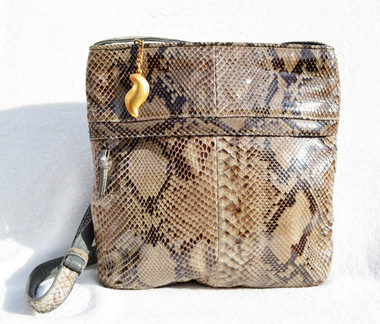 Taupe 1970's-80's PYTHON Snake Skin CROSS Body Messenger Shoulder Bag -SHARIF