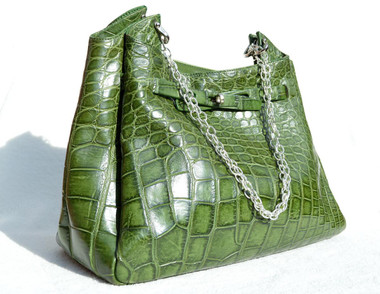 XL 16 x 12 Early 2000's GREEN Crocodile Belly Skin Shoulder Bag - Mauro Governa