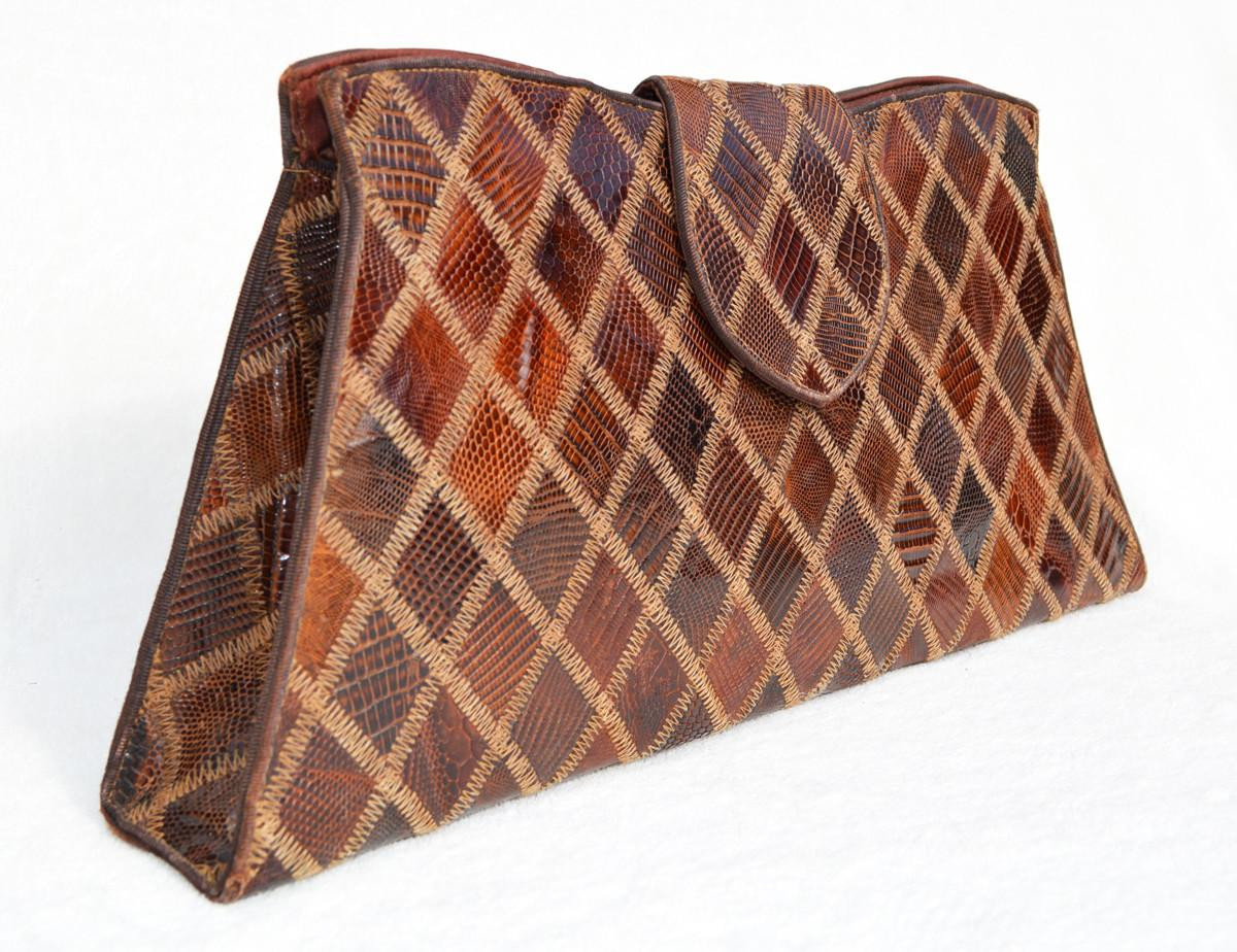 Chocolate Brown 1960's-70's PATCHWORK Lizard CLUTCH Bag