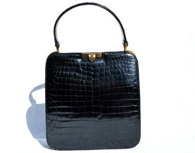 Lovely 1950's-60's Jet Black RENDL Alligator Skin Handbag
