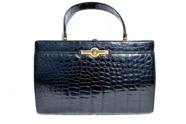 Classic 1950s-60's Jet Black SAKS FIFTH AVENUE Alligator Skin Handbag - Grimaldi