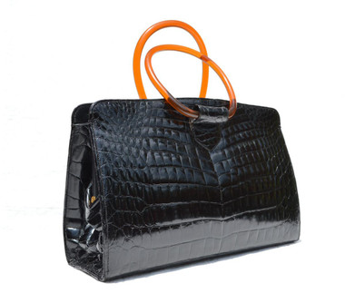 RARE JET BLACK 1950's-60's MARTIN VAN SCHAAK Crocodile Skin Handbag - LUCITE
