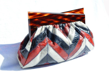 RED, WHITE & BLUE 1960's VARON Deco Style Cobra Snake Skin Clutch w/Lucite Frame
