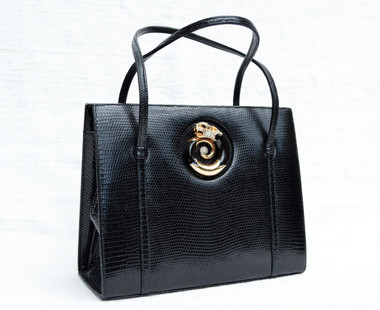 Jet Black MARTIN VAN SCHAAK 1960's-70's Lizard Skin Handbag - DRAGON!
